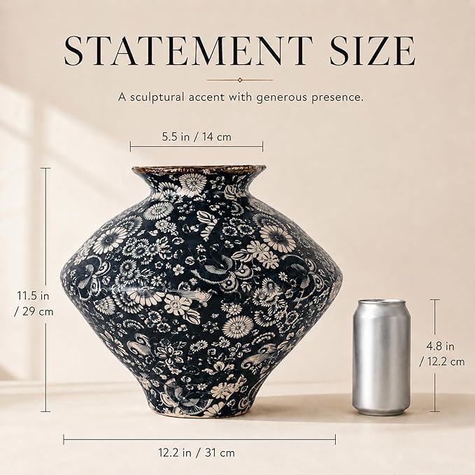 Wabi Sabi Vase, Navy Blue Botanical Ceramic Vase for Home Decor, Large Blue and White Vintage Vase for Dining Table Coffee Table Entryway Rustic Modern Decor