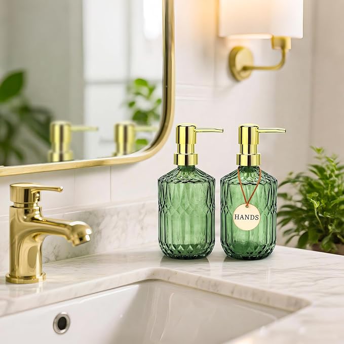 Green Glass Soap Dispenser (15.4 Oz, 2 Pack), Kitchen Hand and Dish Soap Dispenser Set with Golden Rust Proof Pump, Vintage Bathroom Hand Soap Lotion Dispensers