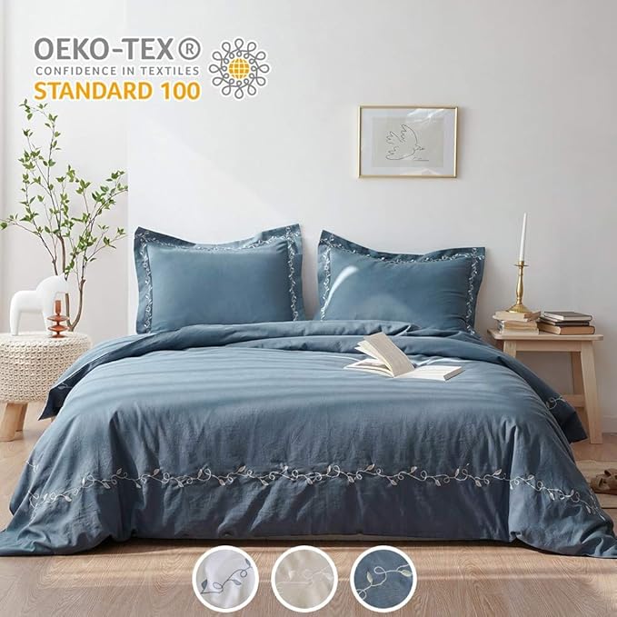BISELINA French Linen Duvet Cover Set 3pcs Embroidered Willow Leaf 55% Flax 45% Cotton Blend Soft Breathable Luxury Bedding (King, Embroidery Navy Blue)