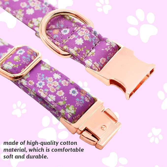 Dog Collar and Leash Set Girls Adjustable Puppy Collars with Floral Bow Tie for Small Medium Large Female Dogs, Purple, S