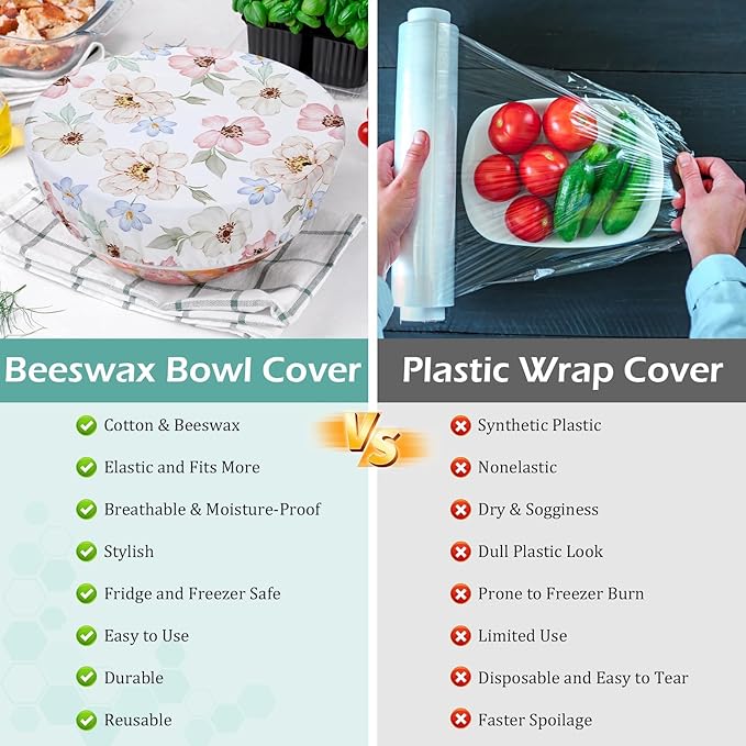 5-Size Reusable Beeswax Elastic Bowl Covers for Bread Proofing, Cotton Cloth Flexible Beeswax Wraps for Sourdough Cover and Food Storage Shower Caps for Sourdough Bread Supplies
