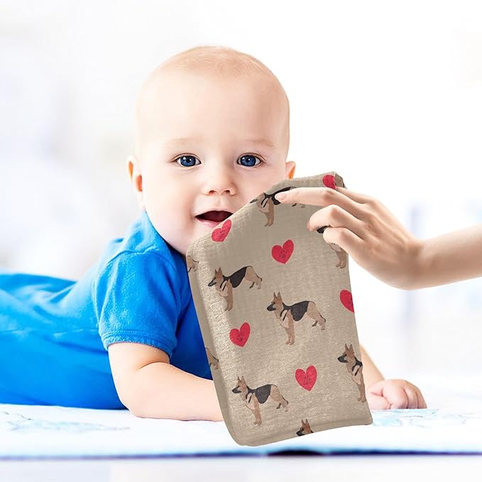 Baby German Shepherd Dog Heart Msulin Washcloths Newborn Face Towel - Baby Muslin Burp Cloths 5 Pack Soft Absorbent Natural Cotton Wash Towel 11.8"X11.8" Baby Bath Towels Wipes