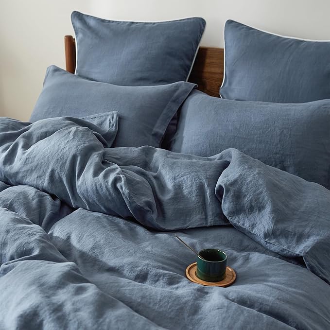100% French Linen Pillow Shams Basic Style - Pack of 2 - Washed Solid Color Natural Flax Soft Breathable - Classic Blue, 20'' x 26''