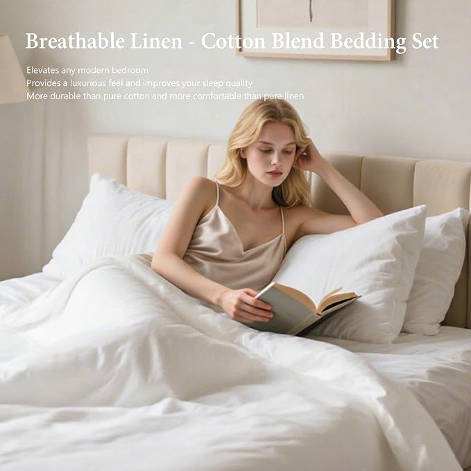 QKTE French Linen Duvet Cover Set, 3 PCS Natural French Flax White Duvet Cover King Size, Breathable Soft Comfy Linen Bedding Comforter Cover with 2 Pillowcases(White, 104" x 92")