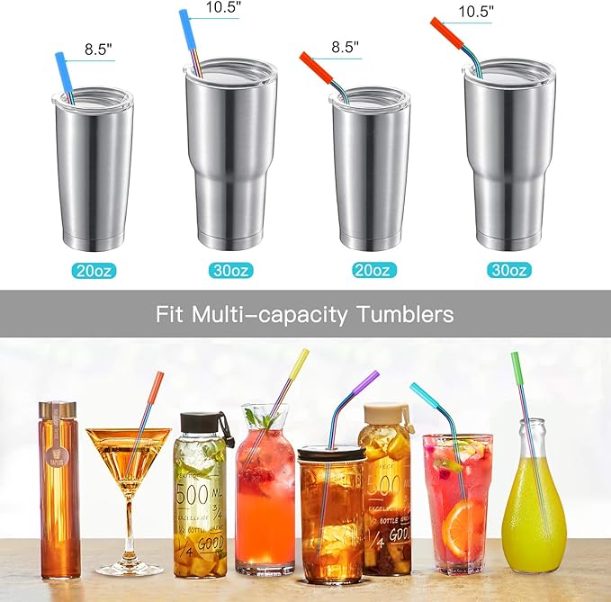 StrawExpert Set of 16 Reusable Stainless Steel Straws with Travel Case Cleaning Brush Silicone Tips Eco Friendly Extra Long Metal Straws Drinking for 20 24 30 oz Tumbler, Rainbow