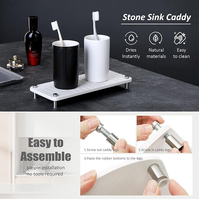 Fast Drying Stone Sink Caddy, Instant Dry Organizer Rack, Diatomaceous Earth Soap Stand Tray for Kitchen Sink, Water Absorbing Stone, Sponge Holder Dispenser for Bathroom Counter, White