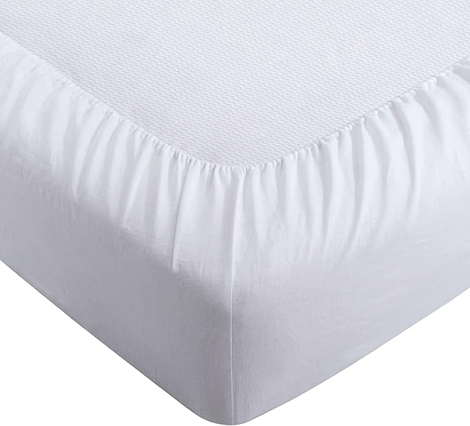 ATLINIA 100% Pure Flax Linen Bedding Set - Stone Washed French Linen Fabric Deep Pocket Fitted Sheet Farmhouse Flat Sheet 2 Pillowcases (White, Full)
