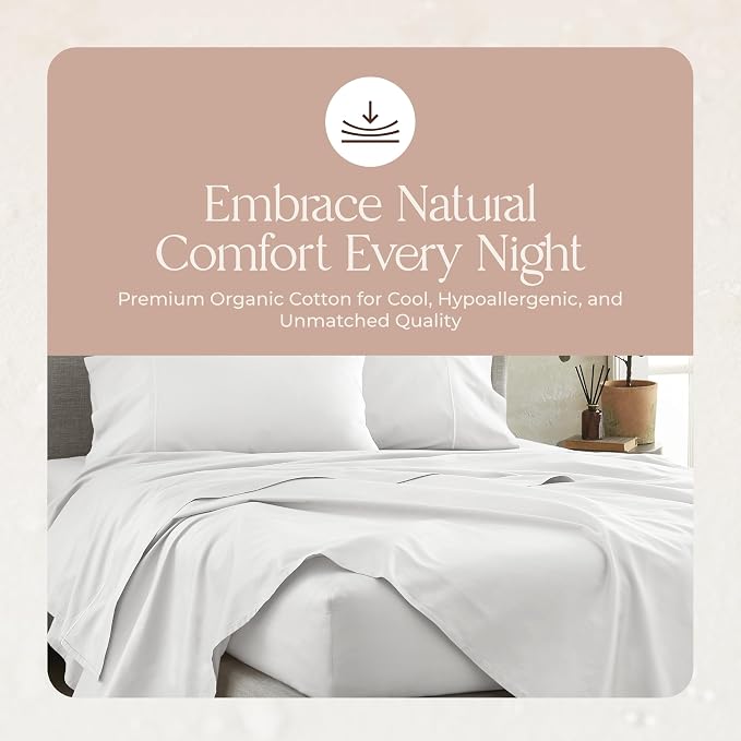 Certified Organic California King Flat Sheet Only - 100% Organic Cotton Top Sheet with Luxurious Soft and Breathable 300 Thread Count Sateen Weave Finish - GOTS & Fairtrade Certified (White, Cal King)