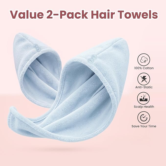 Mandydov 100% Cotton Hair Towel Wrap for Women, 2 Pack Thickened & Super Absorbent Turbans, Anti Frizz Quick Dry Hair Towels (Blue)