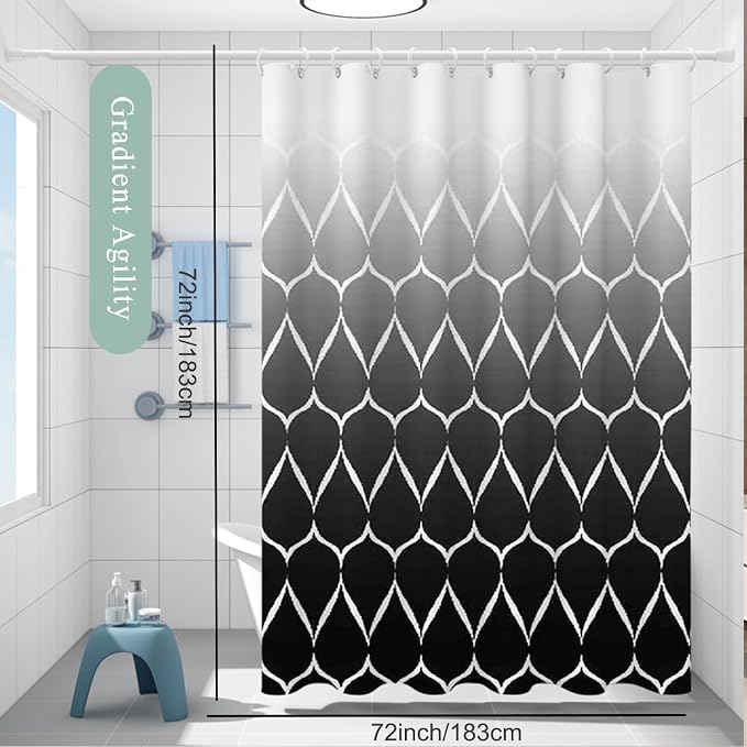 TIKABC Shower Curtain Liner, 4G PEVA Shower Liner, Plastic Waterproof Shower Curtains, with Grommet Holes and 3 Magnetic Weights(Gradient Black Gird)