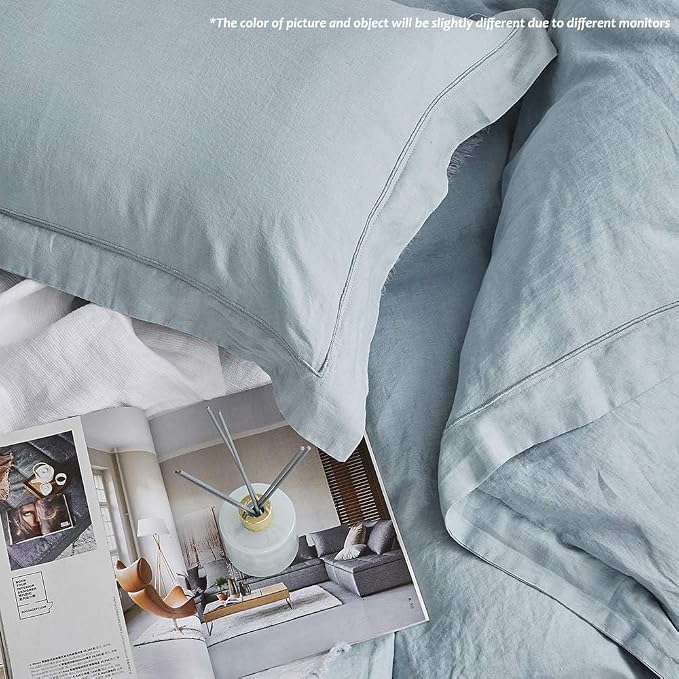 Simple&Opulence 100% Linen Duvet Cover Set with Embroidery Border Washed - 3 Pieces (1 Duvet Cover & 2 Pillow Shams) with Button Closure Soft Breathable Farmhouse - Dusty Blue, Queen Size