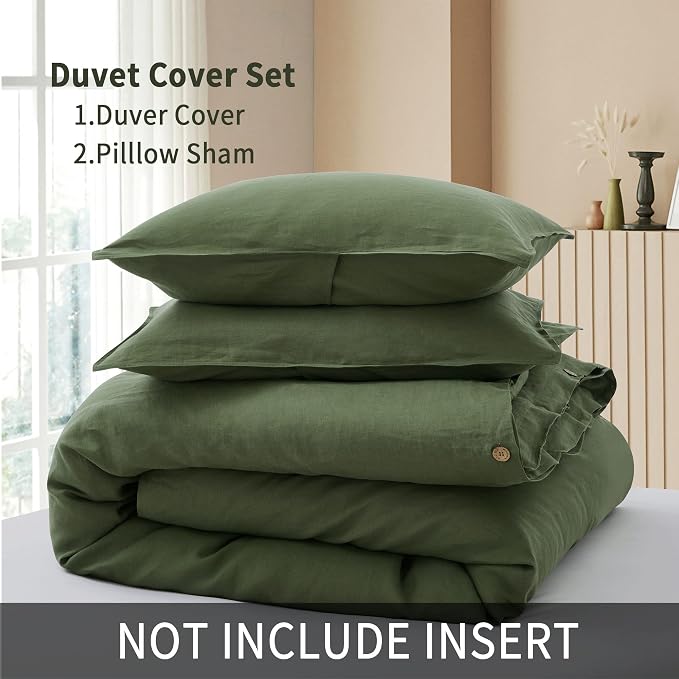 ATLINIA 100% Flax Linen Duvet Cover Set - Stone Washed Pure French Linen Organic Fabric for Farmhouse Comforter Boho Bedding Included 1 Duvet Cover 2 Pillow Shams(Green, King)