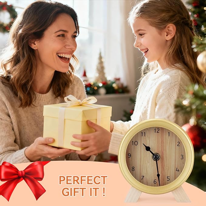 Maxspace Wooden Analog Clock, Small Silent Bedside Desk Clock Battery Operated, Elegant and Decorative Table Clock with Wooden Frame for Living Room, Bedroom, Bedside, Desk (Gold)