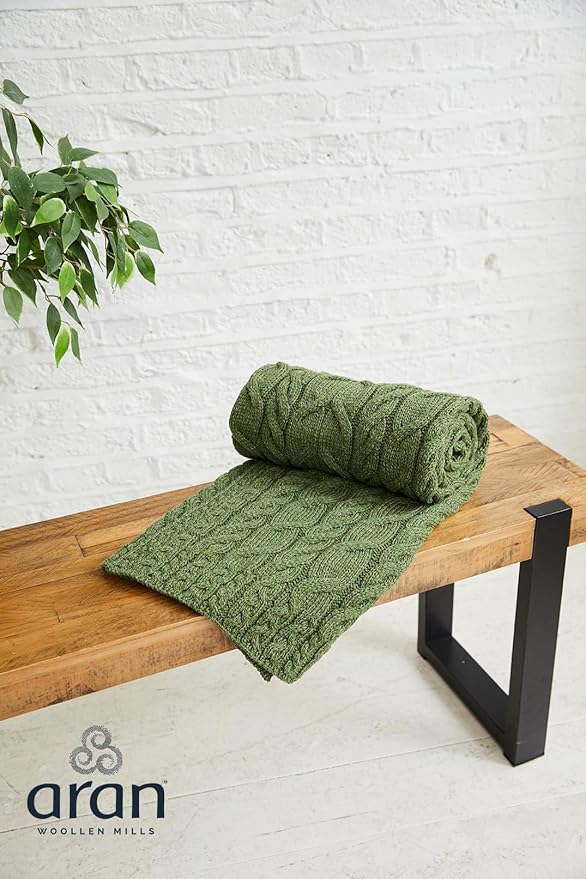 Aran Woollen Mills Irish Cable Knit Blanket Supersoft Merino Wool Throw Made in Ireland 40'' x 60'' (Meadow Green)