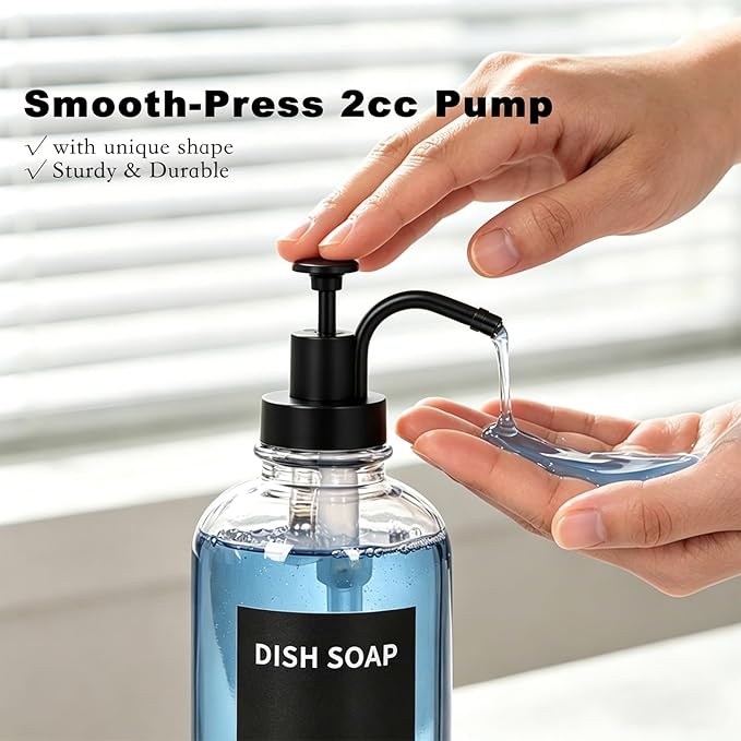 12oz Dish Soap Dispenser for Kitchen, Hand Glass Soap Dispenser Set with Pump, Tray, Funnel for Bathroom, Shower, Laundry, Liquid, Lotion (Black 2 Pack Clear Bottles with 12 Stickers)