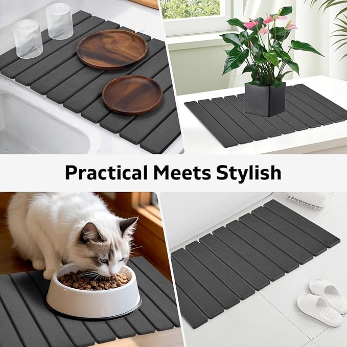 Large Stone Dish Drying Mat for Kitchen Counter, Quick Dry Dish Drying Mats, Foldable Absorbent Diatomaceous Earth Mats for Plate Rack Bottles Cups, Match Any Countertop (Dark Gray 24"×16" & 8"x4")