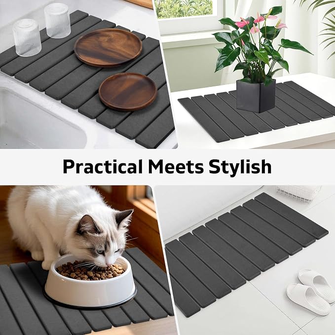 Large Stone Dish Drying Mats for Kitchen Counter, Fast Drying Collapsible Drying Mat, Eco-Friendly Absorbent Diatomaceous Earth Mats for Dishes Cups, Match Any Countertop (Dark Gray 24"×16" & 8"x4")