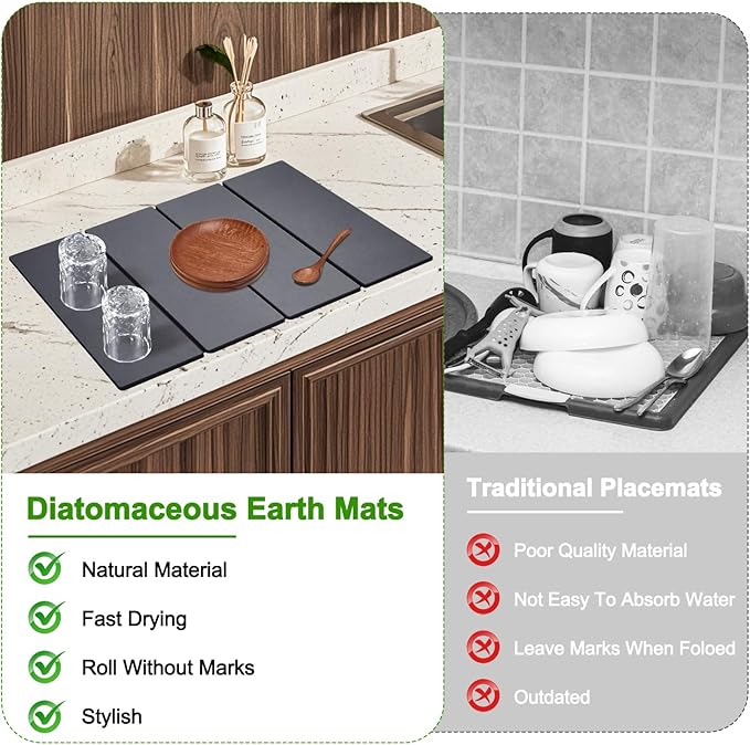 Large Dish Drying Mat for Kitchen Counter,24"×16"Fast Dry Pad Absorbent Countertop Mat, Heat-resistant Mat,Diatomaceous Earth Mats,Gray