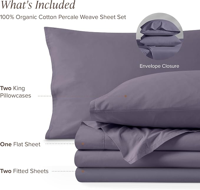 Bare Home 100% Organic Cotton Split King Sheet Set - Crisp Percale Weave - Lightweight & Breathable - Bedding Sheets & Pillowcases (Split King, Dusty Purple)