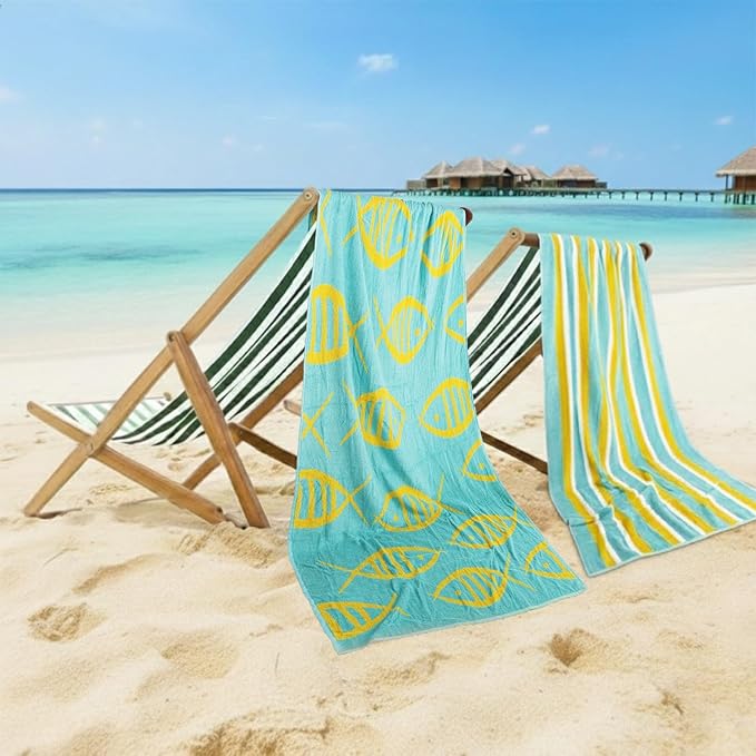 CASA COPENHAGEN Miami Towel 2Pcs Fish Cyan - Cyan Stripe Designer Stripe Beach Towels Gift Set, 35"x70" Oversized 100% Cotton Pool Bath Towel for Beach Gift Set (Summer Gift Set for Women & Men)