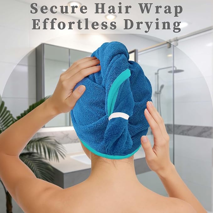 VOOVA & MOVAS Aqua & Blue Microfiber Hair Towel, 2Pcs Button-Free Elastic Loop Hair Turban, Ultra Soft Quick Drying Hair Wrap, Anti Frizz Highly Absorbent Towel
