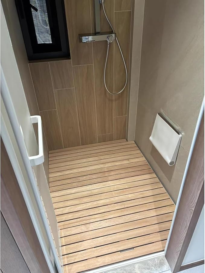 Teak Shower Mat Foldable Luxury Wooden Non-Slip Wood Bath Mat for Bathroom Bathtub Indoor Outdoor,Teak Wood Bath Mat 20-44 Inches, Anti-Slip Shower Floor Mat with Drain Hole, Solid Teak Show