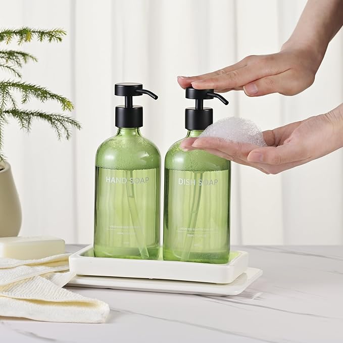 Glass Kitchen Soap Dispenser Set with Ceramic Tray,16.9 floz Hand and Dish Soap Dispenser for Kitchen and Bathroom Decor (Green Bottles + Black Pumps)