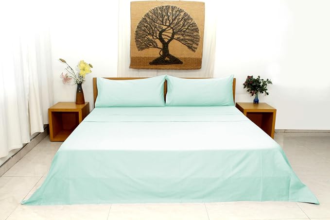 Organic Cotton Long Staple Silky Soft Single Pick Sateen Bed Sheet Set - Luxurious & Premium Hotel Quality - GOTS Certified - Solid Dyed (Clear Water, King (U.S. Standard))