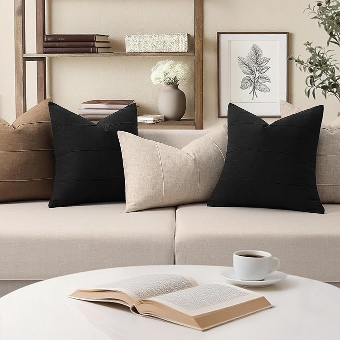ZWJD Decorative Linen Throw Pillow Covers 20x20 Set of 2 Solid Handcrafted Striped Cushion Covers for Bed Soft Modern Farmhouse Neutral Pillowcase for Couch Bedroom Living Room Home Decor(Black)
