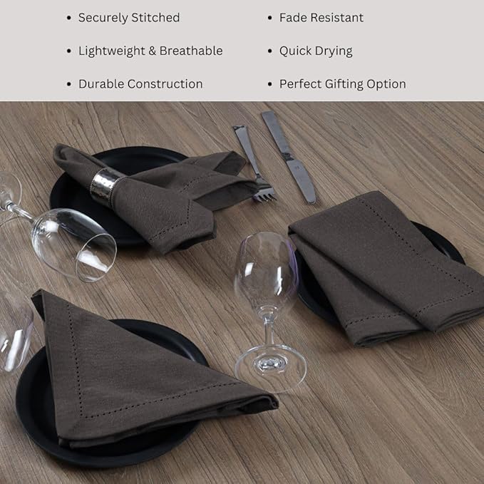 Hemstitch Cloth Dinner Napkins 100% Cotton Set of 6 - for Dining Special Occasions Weddings Parties Holidays Easter - Soft Durable Washable - 18x18 Inch Table Cloth Napkins Charcoal Grey