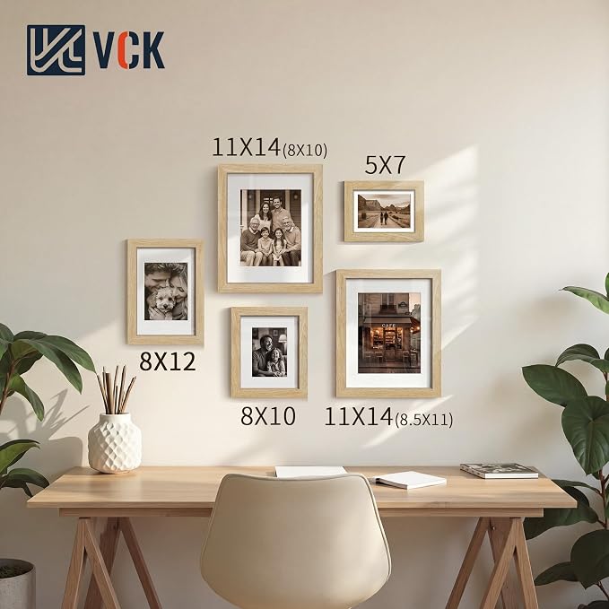 VCK 8x12 Picture Frames Natural - 3 Pack, Wide Border Solid Wood, Tempered Glass, Display 6x8 Photo with Mat or 8 x 12 Without, for Home, Office, Gallery, Woodgrain Series, Tabletop & Wall Hanging