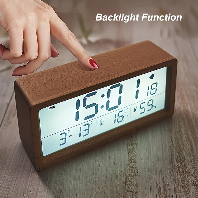 Digital Wooden Alarm Clock with Backlight Temperature Humidity LCD Big Display Soft Date Week 12/24 Hour Switch Snooze Mode Easy to Use for Students Office