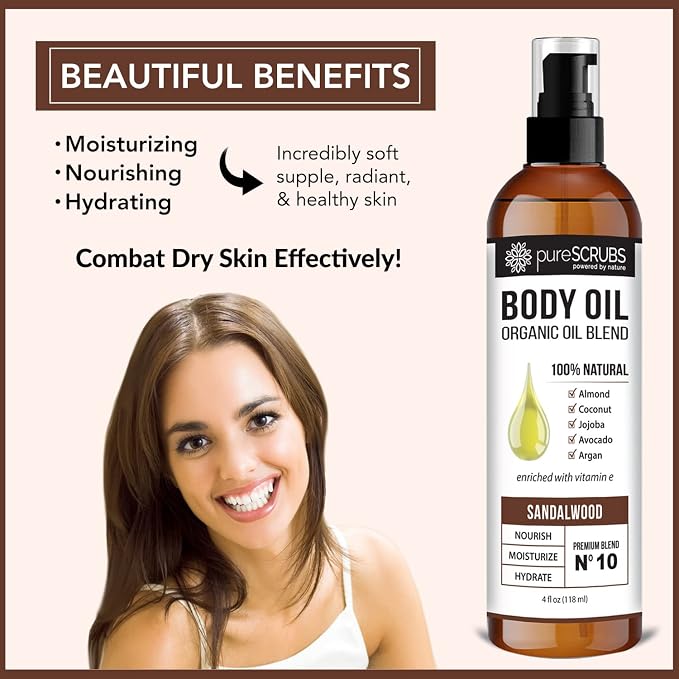 pureSCRUBS Ultra Moisturizing Sandalwood Body Oil for Dry Skin, 4oz | Luxurious After Shower Body Oil for Soft, Silky, Glowing Skin, Non-Greasy, Fast Absorbing & Hydrating Formula with Vitamin E