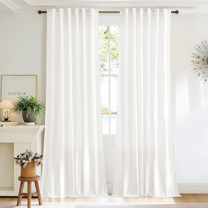 NICETOWN Linen Curtains 96 inch Long 2 Panels Set, 55" Wide White Thick Flax Linen Blend Privacy Window Drapes Rod Pocket & Back Tab with Light Filtering for Bedroom/Living Room, W55 x L96