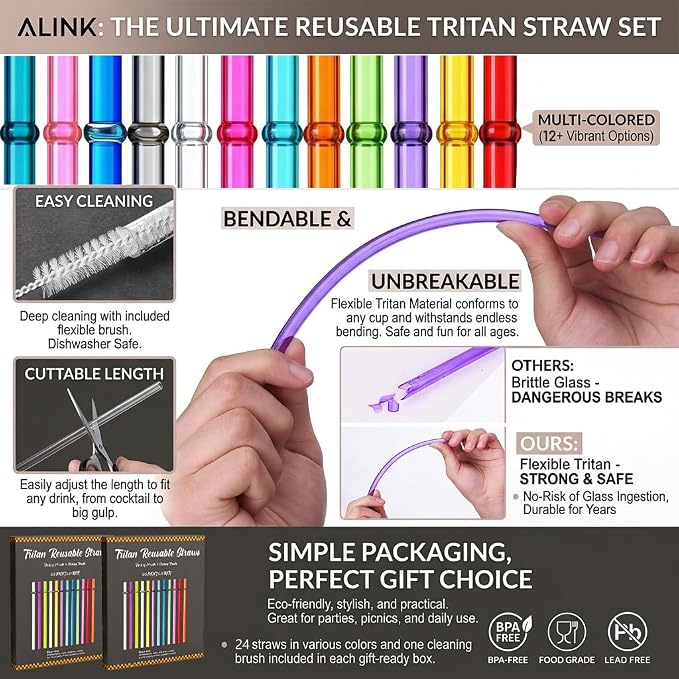 24 Pack Reusable Plastic Straws with 4 Brushes, 9" Tritan Hard Straws | 12 Clear Colors Replacement Straws for 12oz 16oz 20 oz Tumblers, Mason Jars, Stanley, YETI, Starbucks Cups, BPA Free