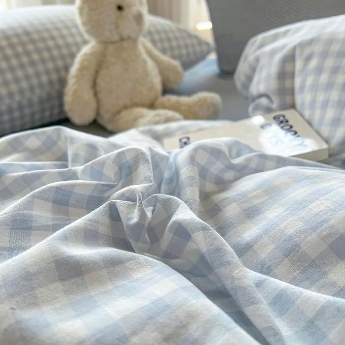 mixinni Light Blue Gingham Duvet Cover Set Queen Size - 100% Washed Cotton 3 Piece Plaid Checkered Bedding Set, Soft Comfy Grid Farmhouse Comforter Cover with Zipper Closure & Corner Ties