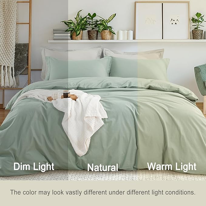 EMME 100% Washed Cotton Duvet Cover Twin Size Sage Green, 2-Piece Soft Comforter Cover Linen Like Bedding Set, No Comforter, 68x90 Inches (Sage Green, Twin)