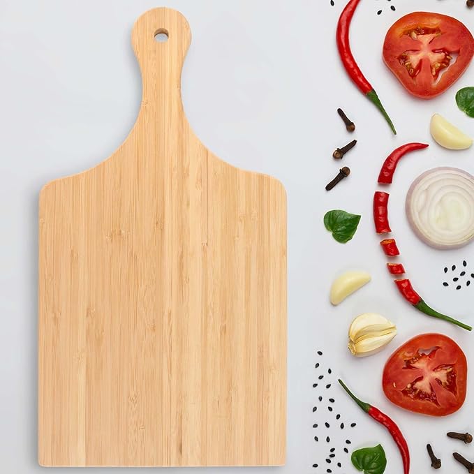 BambooMN Bamboo Paddle Cutting and Serving Board, Charcuterie Boards for Meat, Vegetables, Fruits, Bread, Kitchen Cutting Board with Handle - 15" x 8" x 0.75" - 100 Pieces