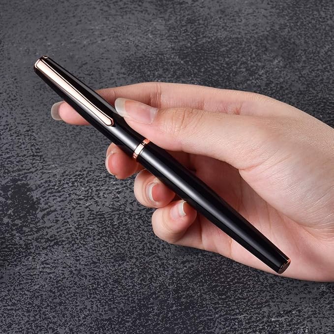 HongDian 920 Black Metal Fountain Pen, Rose Gold Plated Extra Fine Nib Smooth Writing Pen, Classic Pen with Ink Converter