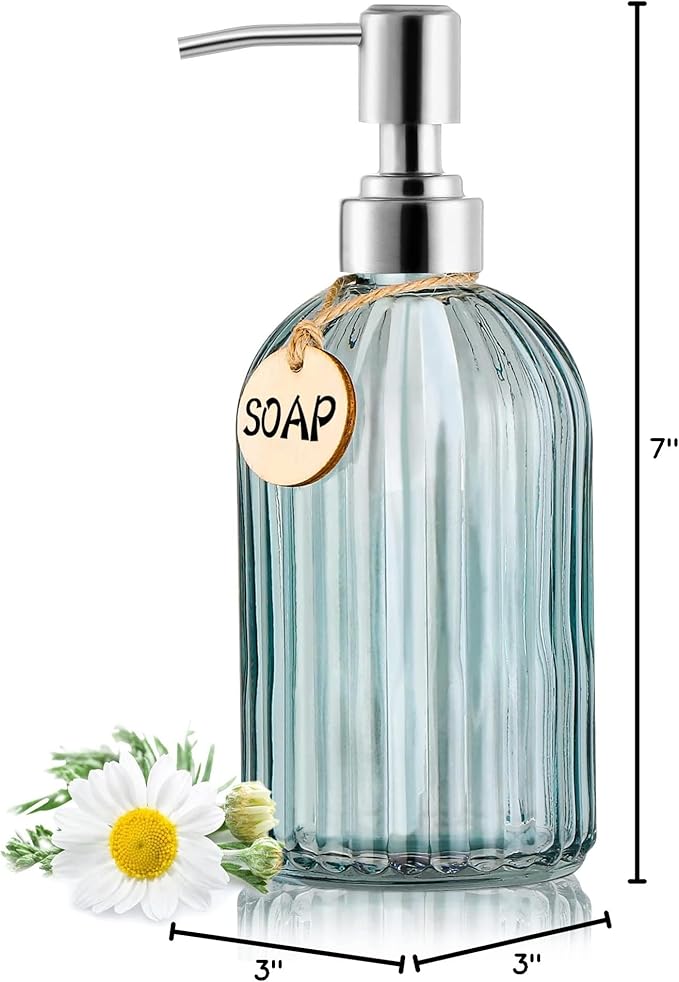 MOCLIF 16OZ Fashion Stripe Clear Glass Refillable Soap Dispenser with 304 Stainless Steel Pump Premium Soap Dispenser, for Kitchen, Bathroom, Hand Sanitizer, Liquid Soap, Lotion, etc. (Clear Blue)