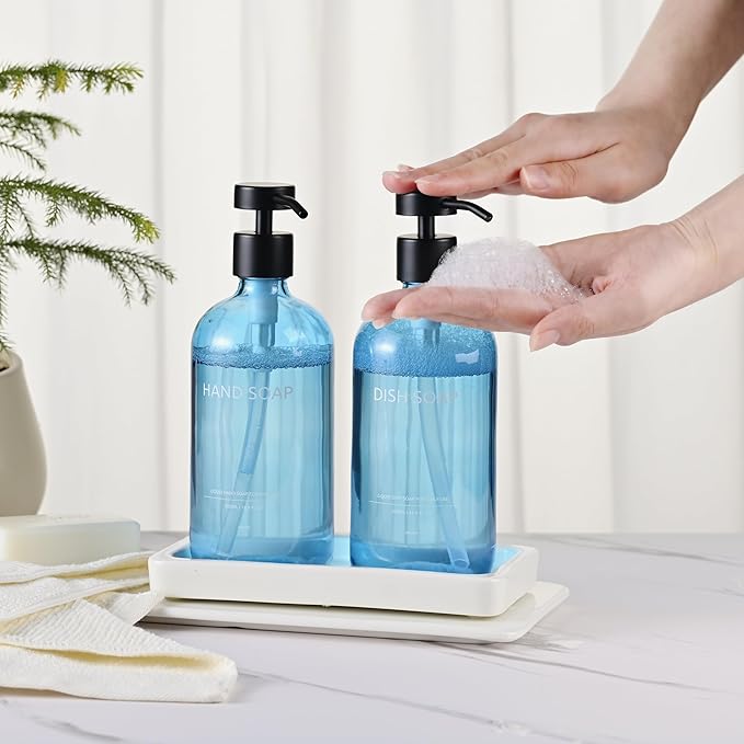Glass Kitchen Soap Dispenser Set with Ceramic Tray,16.9 floz Hand and Dish Soap Dispenser for Kitchen and Bathroom Decor (Blue Bottles + Black Pumps)