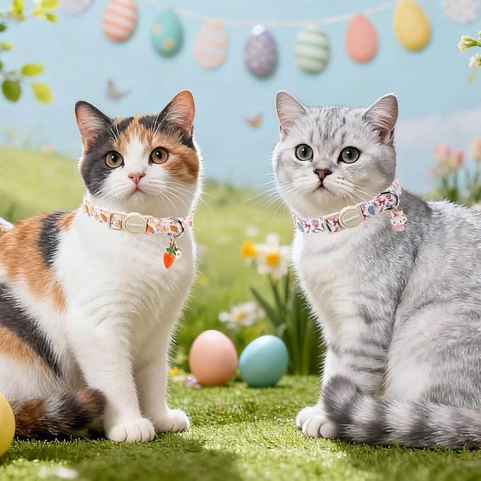 2 Pack Easter Cat Collars,DOGWONG Cute Breakaway Kitty Collars,Blue Bunny Pink Carrot Cat Collar with Bell, Easter Kitten Collars for Girl & Boy Cats