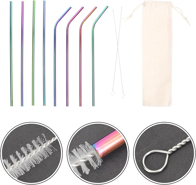 ULTECHNOVO 304 Stainless Steel Reusable Straws Set with Cleaning Brush and Storage Bag, 11pcs Colored Metal Drinking Straws Multipurpose for Party Supplies and Daily Use