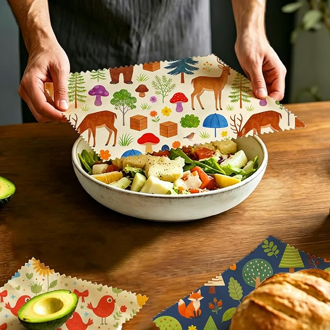 LENARKU Reusable Beeswax Wrap, 9 Pack Eco-Friendly Food Storage, Organic Cotton, Sustainable, Zero Waste, Plastic-Free, Sandwich & Snack Covers, 1XL, 3M, 5S, Forest Animals & Nature Pattern