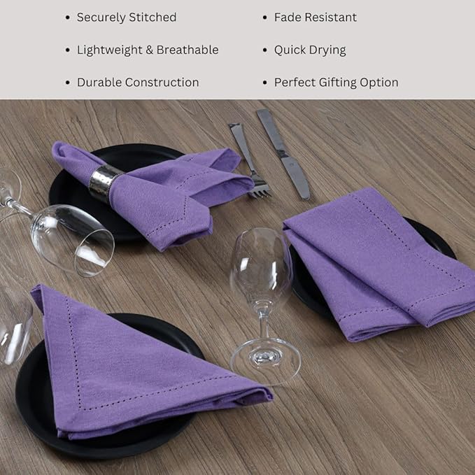 Hemstitch Dinner Napkins 100% Cotton Set of 6 - for Dining Weddings Parties Holidays Easter Everyday Use - Soft Durable Washable Table Napkins - 18x18 Inch Cloth Napkins Lavender