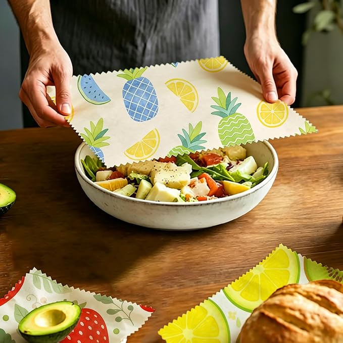 Reusable Beeswax Wraps, 9 Pack Sandwich, Bowl, Bread, Eco-Friendly, Organic, Sustainable, Zero Waste, Plastic-Free, 1XL, 3M, 5S, Fruit Pattern (Strawberry, Lemon, Kiwi, Pineapple)