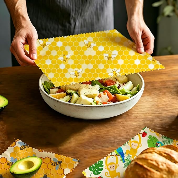 Reusable Beeswax Wraps, 9 Pack Eco-Friendly Food Storage, Organic, Sustainable, Zero Waste, Plastic-Free, for Sandwich, Fruit, Bowl, Bread, 1XL, 3M, 5S, Bees Honeycomb Monkey Parrot Patterns