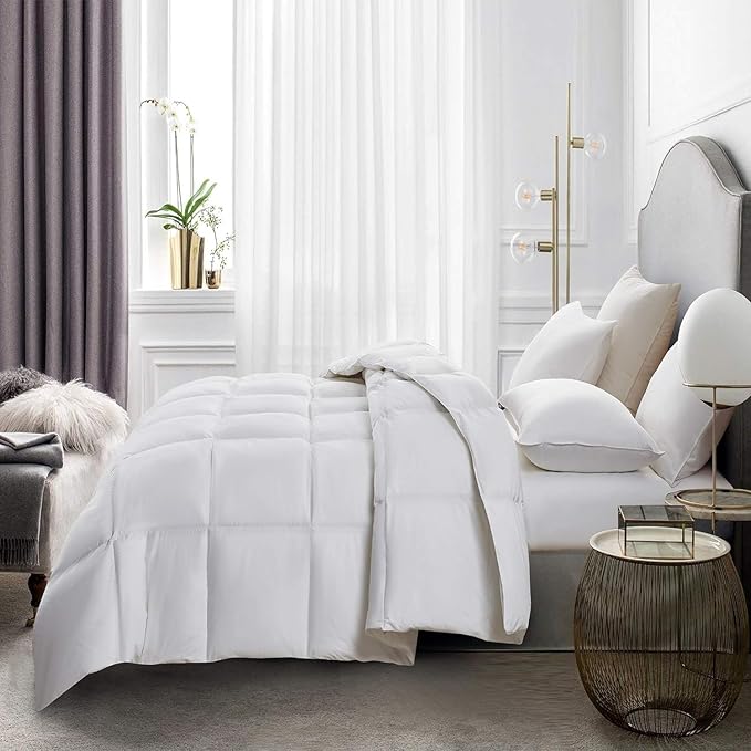Serta Goose Feather Down Fiber Comforter Queen Size - 100% Cotton Cover Duvet Insert - Hotel Luxury Hypoallergenic Bedding Comforter All Season Medium Warmth 90 x 90 Inch White