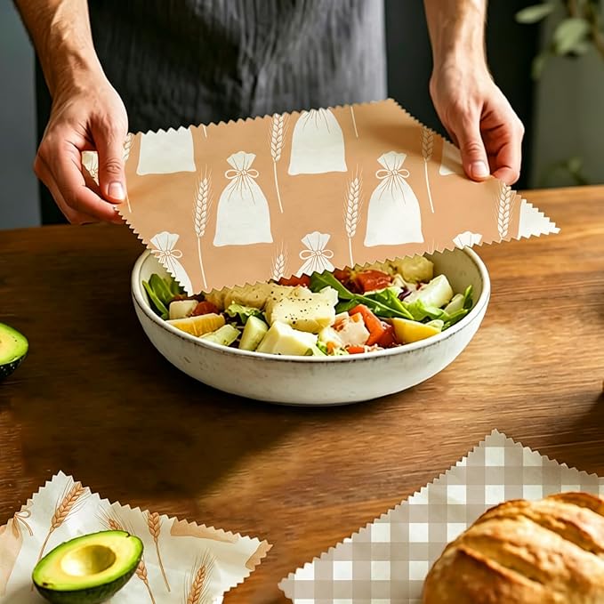 Reusable Beeswax Wrap, 9 Pack Sheets for Bread, Fruit, Bowl, Organic, Sustainable, Zero Waste, Plastic-Free Food Storage, 1XL, 3M, 5S, Flour Sack and Gingham Pattern