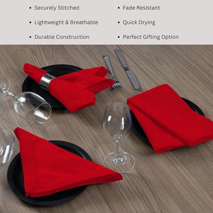 Hemstitch Cloth Dinner Napkins 100% Cotton Set of 12 - for Dining Special Occasions Weddings Parties Holidays Easter - Soft Durable Reusable - Elegant 18x18 Inch Table Cloth Napkins Red
